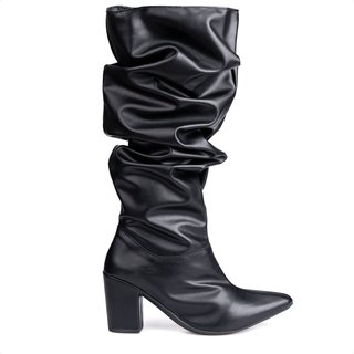 Bota Feminina Slouchy Enrugada Salto Geométrico Bico Fino Preto