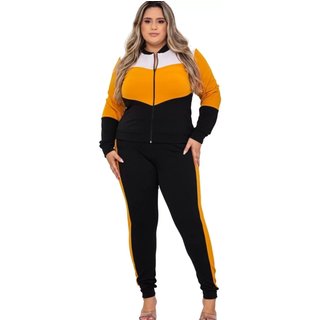 Conjunto Summer Body Feminino Plus Size Moletom Crepe Blusa + Calça mostarda