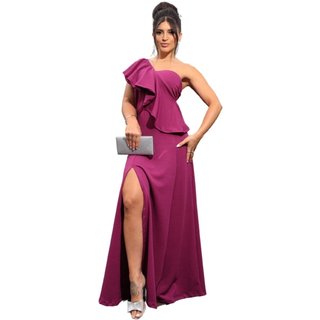 Vestido Longo de Festa Madrinhas Babados Crepe Anastácia Fúcsia