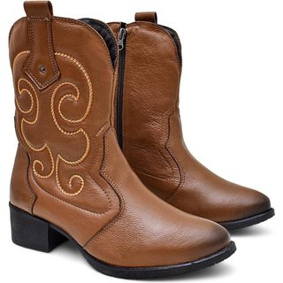 Bota Country Feminina Texas Couro Cano Alto Solado Borracha Marrom Claro 34 Marrom