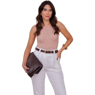 Blusa MOS Regata Feminina em Tricot Modal com Gola Alta Bege