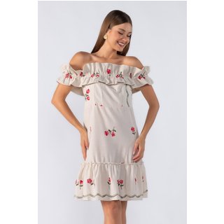 Vestido curto bordado ombro a ombro Bege