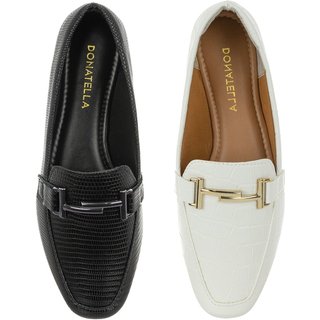 Kit 2 Pares Sapato Feminino Mocassim CM Calçados Bico Quadrado Confort Branco Croco e Preto