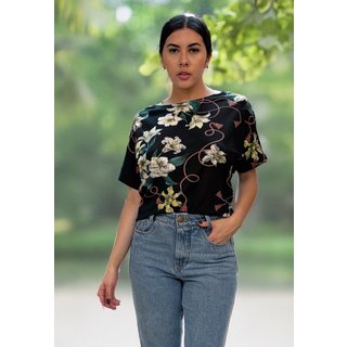 Blusa Básica Morcego Malha Gola Canoa Manga Curta Preto Floral