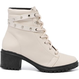 Bota Coturno Feminina Cano Baixo Tratorada Off White Confort - Tachinhas