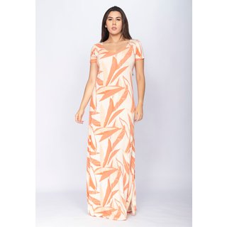 Vestido CabanaFree Longo Malha Gola Canoa Manga Curta Estampa Selvagem Laranja