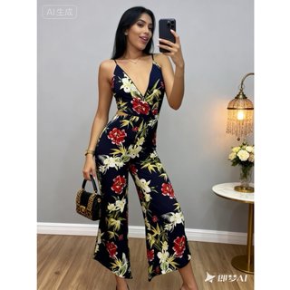 Macacão feminino Pantalona 3/4 Froral Estampado Fundo preto Sem manga Linho