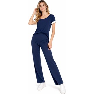 Conjunto Viscolycra Maria Paes Calça e Blusa Marinho com Detalhe Off White