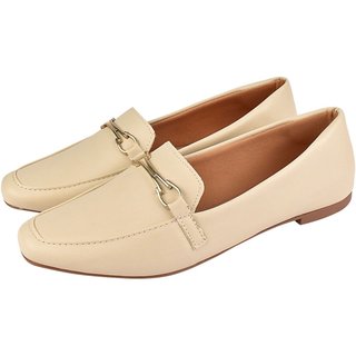 Sapato Feminino Mocassim CM Calçados Bico Quadrado Confort Sapatilha Off White
