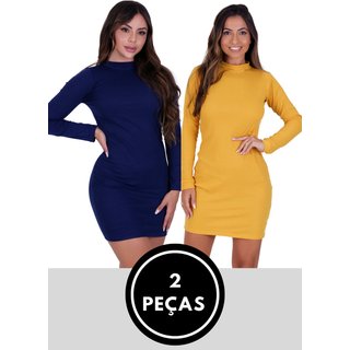 Kit 2 Peças Vestido Midi Malha Canelada Amarelo e Azul Manga Longa St Madame