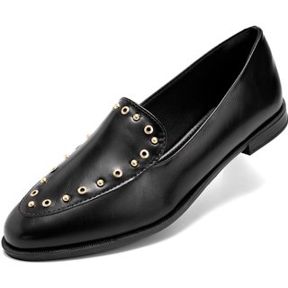 Mocassim Feminino Lumiss Baixo Bico Redondo Tachas Ilhós Dourado Confortável Preto