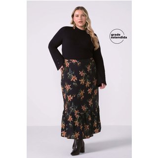 Saia Feminina Midi Babado Floral Marialícia Preto