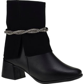 Bota Salto Feminina Bico Quadrado Cano Médio Shekinah Detalhe Strass Ziper Lateral Gola Virada Capa Preto