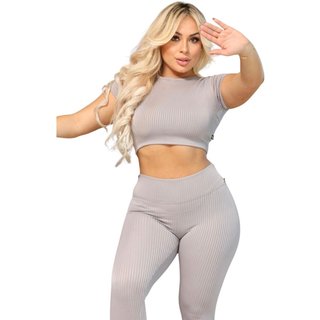 Conjunto Legging e Cropd Vih Triny Manguinha Canelado Poliéster Moda Fitness Academia Cinza Preto