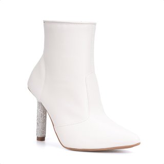 Bota Feminina Domidona Inverno Salto Fino Strass Cano Médio Bico Fino Off White