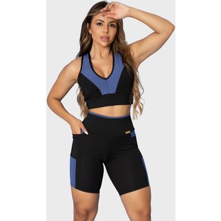 Conjunto Fitness Tarelles Top Short Bolso Preto e Azul
