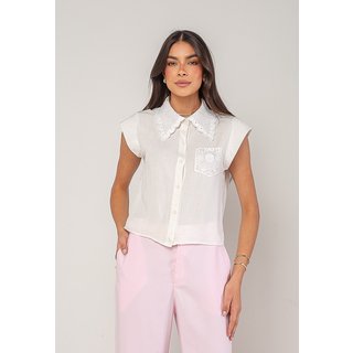 Blusa Alfaiataria Com Gola Em Renda E Bolso Decorado Salvatore Branco