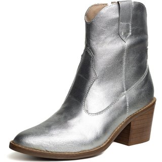 Bota Western Texana Bico Fino Cano Curto Country Couro Metalizado Prata Tellini Store