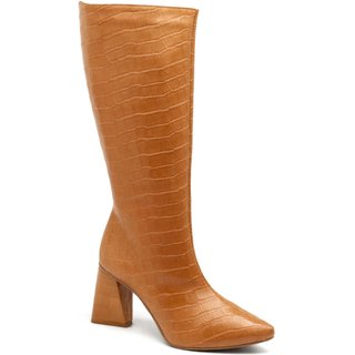Bota Feminina Cano Longo Salto Triângulo Croco Whisky