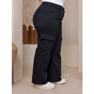 Calça Cargo Feminina Plus Size Preta Sarja Jeans Loka