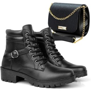 Kit Bota Feminina Cano Curto Salto Baixo + Bolsa Transversal Preta