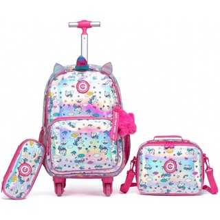 Kit Mochila Rodinhas Estojo Lancheira Menina Coban