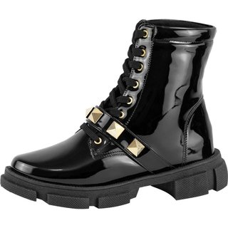 Bota Coturno Tratorada Lumiss Spike Pirâmide Plataforma Cano Curto Salto Baixo Verniz Preto