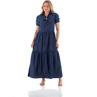Vestido Jeans Feminino Arauto Laço Longo Leve