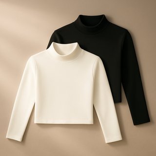 Kit Cápsula Essencial: 2 Blusas Cropped Gola Alta Manga longa Preta e Off white Dress Code