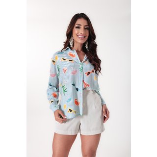 Camisa Feminina Ícone Fashion Oversized Gola Tradicional em Viscolinho Estampa Saint-Tropez Exclusiva Verão 2026