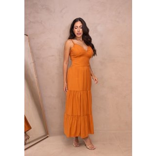 Vestido Midi Longuete Viscose Alcinha Frente Única Elegante Darciê Laranja