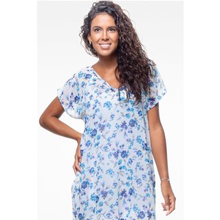 Saida de Praia Tunica Blusa Crepe Semitransparente Decote V Branco Azul