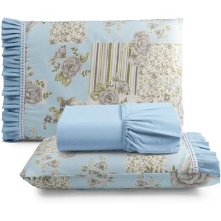 Jogo Cama Lençol Fiore Casa Scarpa Casal Padrão Estampado 180 Fios 100% Algodão com Babadinho 3 Peças Azul Floral
