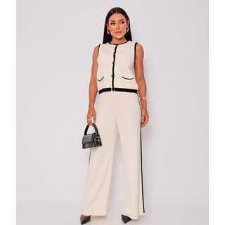 Conjunto Cherry Line Duas Peças Colete Botão Calça Tricô Off White E Preto