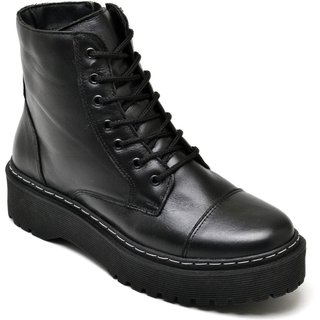 Coturno Feminino Bota Couro Cano Médio Cadarço Casual