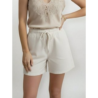 Short Feminino Sarja Liso Bege Claro Cintura Elástico e Cordão Cós Alto Modelagem Soltinha Confortável