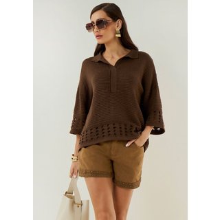 Camisa Maria Valentina Oversized Gola Tradicional Manga Curta Padrão Marrom