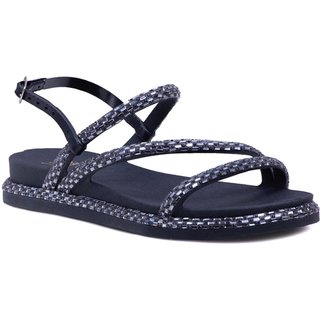 Sandália Rasteira Tiras Finas Strass Papete Casual Preta Safira