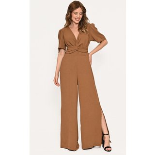 Macacão Bisô Pantalona Fendas Liso Caramelo - Caramelo