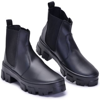 Bota Chelsea Feminina Elástico Tratorada Elegante Preta
