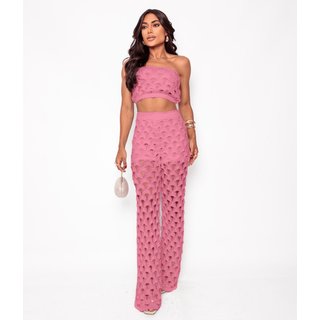 Conjunto Kit Três Peças Cherry Line Top Faixa Cropped Calça Vazada Short Tricot Croche Rosa