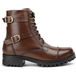 Bota Coturno Militar Couro Feminino Cano Médio Solado Tratorado Baixo Amarração Casual Marrom