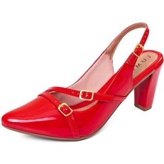 Scarpin Feminino Lumiss Slingback Salto Fino Confortável Bico Fino Fivelas Verniz Vermelho