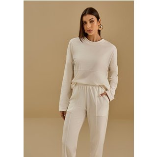 Blusa Maria Valentina Solta Decote Careca Manga Longa Padrão Off-white