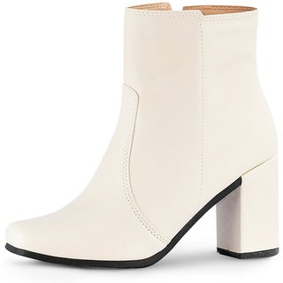 Bota Feminina Bico Quadrado Lumiss Salto Alto Grosso Coturno Cano Médio Confortável Zíper Off White