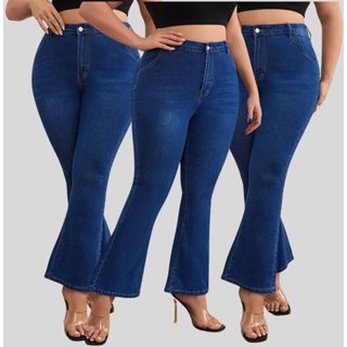 Kit 3 Calças Jeans Feminina Flare Plus Size Lavagem Escura Premium