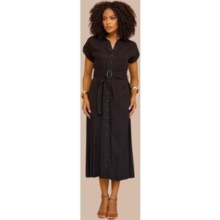 Chemise Midi Ícone Fashion Manga Curta com cinto Preta