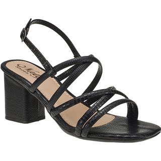 Sandália Feminina Salto Alto 7,5 cm Croco Tiras Preto Naty Shoes