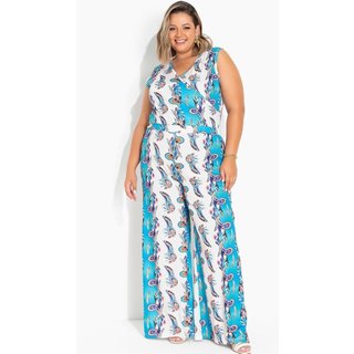 Macacão Com Transpassado Plus Size Paisley Azul Marguerite