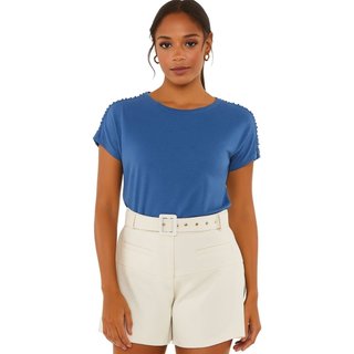 Camiseta Feminina FMF Azul com Renda e Pérolas nas Mangas